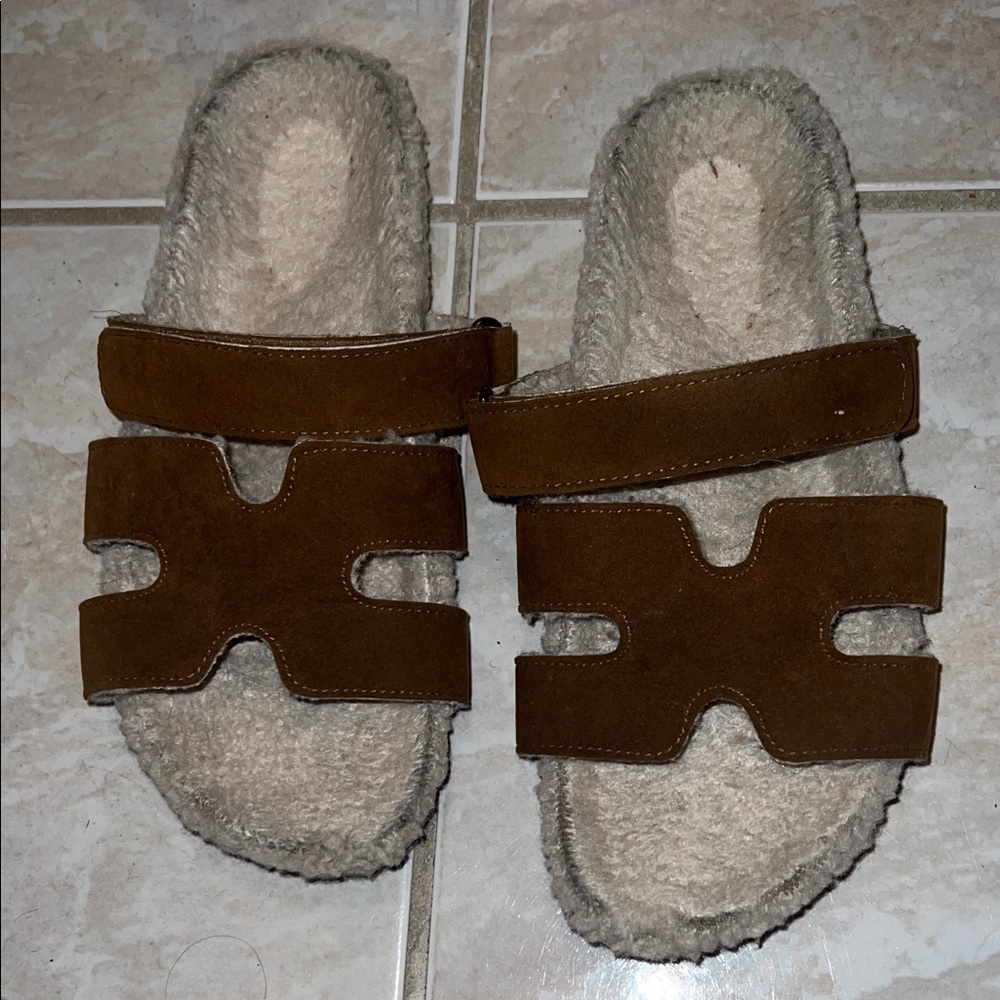 Used suede and shearling double strap flat slides (9)